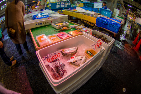 TOKYO, JAPAN JUNE 28 - 2017: Seafood for sale at the Fish Market Tsukiji wholesale in Tokyo Japan, Tsukiji Market is the biggest wholesale fish and seafood market in the worldのeditorial素材