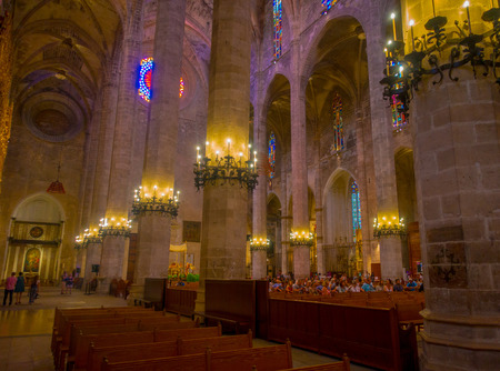 PALMA DE MALLORCA, SPAIN - AUGUST 18 2017: Gorgeous view of interior of Cathedral of Santa Maria of Palma La Seu in Palma de Mallorca, Spainのeditorial素材