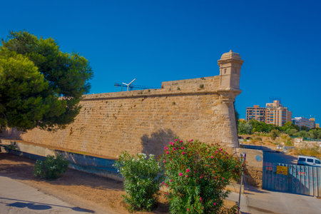 PALMA DE MALLORCA, SPAIN - AUGUST 18 2017: Beautiful view of Cathedral of Santa Maria of Palma La Seu in a gorgeous blue sky, with an artifical pond with a fountain in the middle, in Palma de Mallorca, Spainのeditorial素材