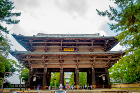 Nara, Japan - July 26, 2017: Nandaimon, the Great Southern Gate at night. The gate is a dominant architectural element at the area of the Todai-ji temple, Naraのeditorial素材
