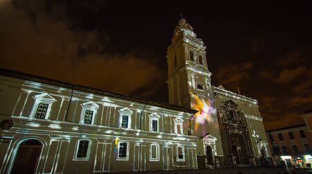 Quito, Pichincha Ecuador - August 9 2017: Close up of spectacle of lights projected on the facade of Church of Santo Domingo, during the Quito light festivalのeditorial素材