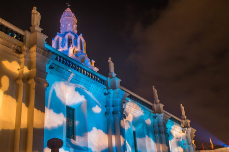 Quito, Pichincha Ecuador - August 9 2017: Close up of spectacle of lights projected on the facade of...
