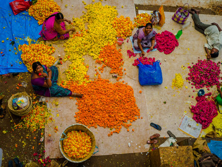 BANGALORE, INDIA - June 06 2017: Aerial view of Flower sellers at KR Market in Bangalore. in...