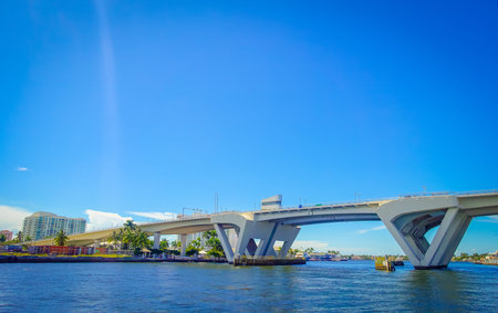 FORT LAUDERDALE, USA - JULY 11, 2017: Nice view of an opened bridge raised to let ship pass through...