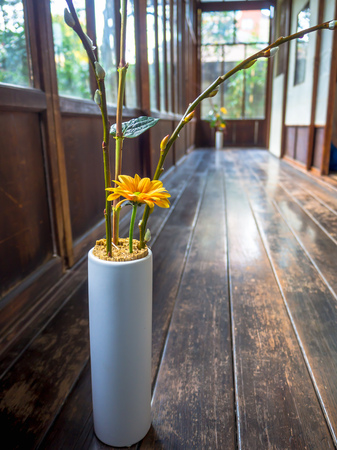 Close up of a flower vase with a yellow flower at indoor view of hall with a wooden floor, in Kyoto, Japanの写真素材