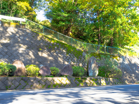 Nara, Japan - July 26, 2017: Close up of japanesse letter in a piece of rock in one side of the road at Todai Ji Temple, in Tokyoのeditorial素材