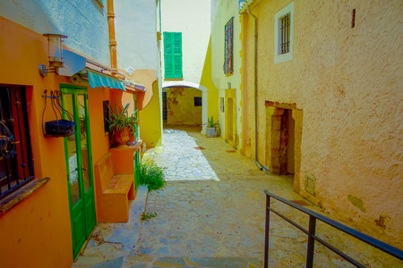 PORT D ANDRATX, SPAIN - AUGUST 18 2017: Beautiful view of small old steet in Port D Andratx town, located in Mallorca balearic islands, Spainのeditorial素材