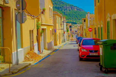 PORT D ANDRATX, SPAIN - AUGUST 18 2017: Beautiful view of small old steet in Port D Andratx town, located in Mallorca balearic islands, Spainのeditorial素材