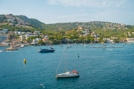 Andratx port marina in Mallorca balearic islands, with yatchs in the water and some buildings in the...