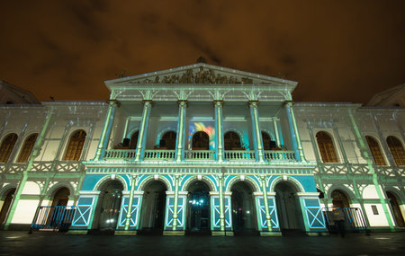 Quito, Pichincha Ecuador - August 9 2017: Spectacle of lights projected on the facade of the Teatro...
