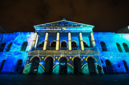 Quito, Pichincha Ecuador - August 9 2017: Spectacle of lights projected on the facade of the Teatro Sucre, is an event that takes place in Quito every Augustのeditorial素材