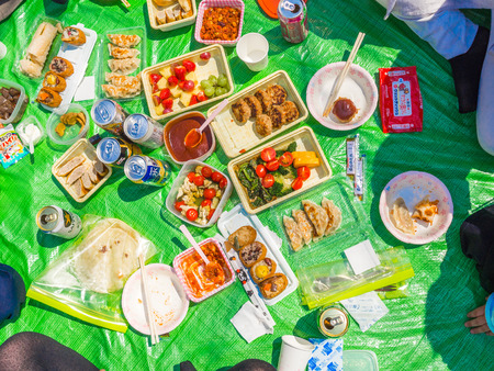 HAKONE, JAPAN - JULY 02, 2017: Assorted food for lunch in a park in hanami park during cherry blossom season in Kyotoのeditorial素材
