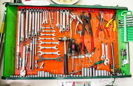 TOKYO, JAPAN JUNE 28 - 2017: Complete tools and pliers, inside of a container