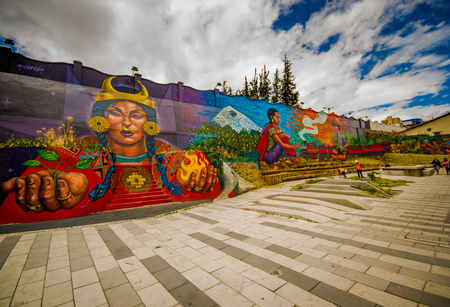 QUITO, ECUADOR AUGUST 20 2017: Street graffiti on a wall in central Quito, Ecuadorのeditorial素材