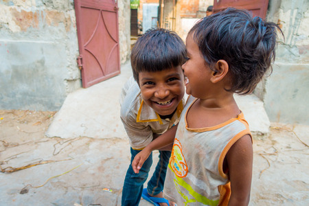 Jaipur, India - September 20, 2017: Portrait of beautiful group of children, smiling and playing in the street in Jaipur city in Indiaのeditorial素材