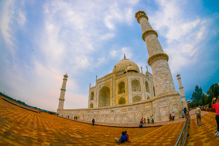 Agra, India - September 20, 2017: Beautiful view of the Taj Mahal, is an ivory-white marble mausoleum on the south bank of the Yamuna river in the Indian city of Agra, Uttar Pradesh, fish eye effectのeditorial素材
