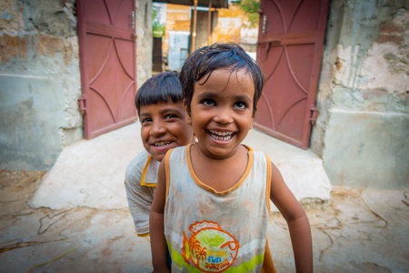 Jaipur, India - September 20, 2017: Portrait of beautiful group of children, smiling and playing in...