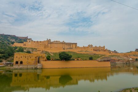 Beautiful palace reflecting in Maota Lake in Amber Fort in Jaipur, Rajasthan, India, fish eye effectのeditorial素材