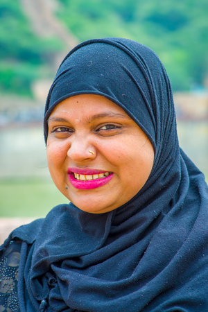 Jaipur, India - September 19, 2017: Portrait of an unidentified Indian woman with a blue hiyab, on the streets of Jaipur, Indiaのeditorial素材