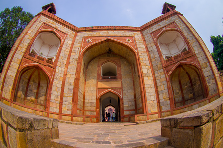 DELHI, INDIA - SEPTEMBER 19, 2017: Close up of Humayun s Tomb, Delhi, India. UNESCO World Heritage Site, it is the tomb of the Mughal Emperor Humayun, eye fish effectのeditorial素材