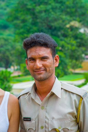 Jaipur, India - September 19, 2017: Portrait of an unidentified Indian man wearing a jacket color...