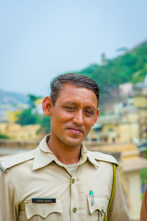 Jaipur, India - September 19, 2017: Portrait of an unidentified Indian man wearing a jacket color...