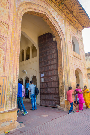 Amber, India - September 19, 2017: Unidentified people walking at the gate of the palace in Amber, Indiaのeditorial素材