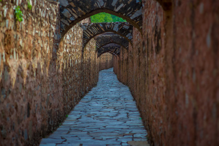 Outdoor view of stoned path of Amber fort. Jaipur, Rajasthan, Indiaの写真素材