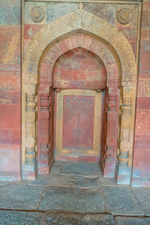 DELHI, INDIA - SEPTEMBER 19, 2017: Indoor view of a carved wall insisde of Isa Khan Tomb at Humayuns Tomb complex in Delhi, India. Humayuns Tomb was the first garden-tomb on the Indian subcontinentのeditorial素材