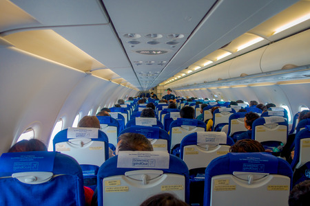 DELHI, INDIA - SEPTEMBER 19, 2017: Interior view of economy class fare seat in Air India A320. AI is a star alliance member, in Indiaのeditorial素材