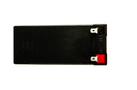 Close up of a generic black car battery isolated on white background