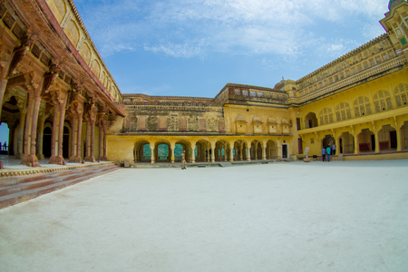 Amer, India - September 19, 2017: Some tourist visiting and taking pictures of the patio of the beautiful palace, in Amber Fort, located in Amer, Rajasthan, India. Amer is a town with an area of 4 square kilometres located 11 kilometres from Jaipur, the cのeditorial素材