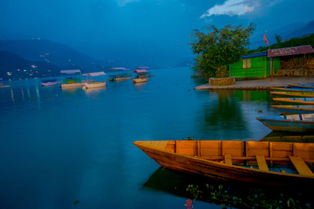 Pokhara, Nepal - September 04, 2017: Beautiful view of boats on the lake in Pokhara Nepal.のeditorial素材