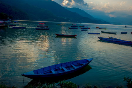 Pokhara, Nepal - September 04, 2017: Beautiful view of blue boats lakeshore in Pokhara city , Nepalのeditorial素材
