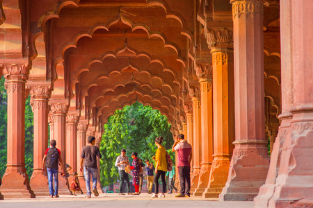 Jaipur, India - September 19, 2017: Unidentified people walking inside of Muslim architecture detail of Diwan-i-Am, or Hall of Audience, inside the Red Fort in Delhi, Indiaのeditorial素材
