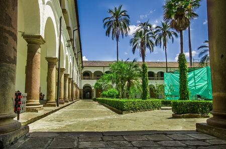 QUITO, ECUADOR - MAY 06 2016: Close up of a beautiful stoned foiuntain in the middle of the patio in San Francis church located in the city of Quitoのeditorial素材
