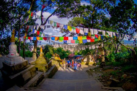 KATHMANDU, NEPAL OCTOBER 15, 2017: Stairs leading up to Swayambhu, an ancient religious architecture atop a hill west of Kathmandu city. It is also known as Monkey Templeのeditorial素材
