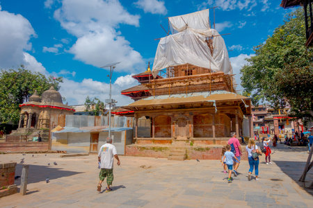 KATHMANDU, NEPAL OCTOBER 15, 2017: Outdoor view of some buildings in reconstruction after the earthquake in 2015 of Durbar square in Kathmandu, capital of Nepalのeditorial素材