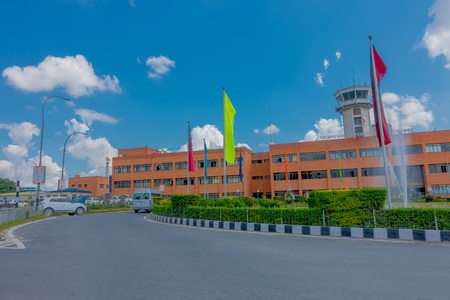 Kathmandu, Nepal - October 25th, 2016: Big building of Tribhuvan International Airport in a beautiful blue sky in Kathmandu Nepal. Only exist one international airport in Nepalのeditorial素材