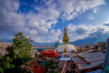 KATHMANDU, NEPAL OCTOBER 15, 2017: Beautiful landscape with eyes of the Buddha on the Bodhnath Stupa in Kathmandu, Nepal, fish eye effectのeditorial素材
