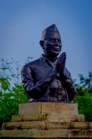 POKHARA, NEPAL, SEPTEMBER 04, 2017: Beautiful outdor view of a black metallic statue in Pokharaのeditorial素材