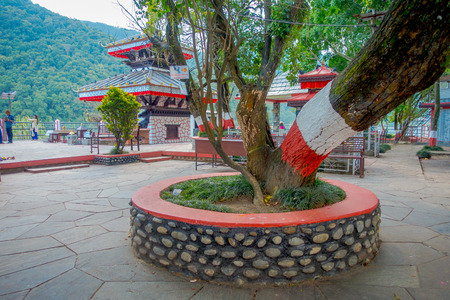 POKHARA, NEPAL - SEPTEMBER 04, 2017: Public jarden with a huge tree close to Tal Barahi Temple, located at the center of Phewa Lake, is the most important religious monument of Pokharaのeditorial素材