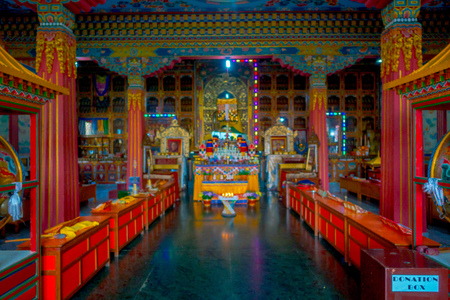 POKHARA, NEPAL - OCTOBER 06 2017: Indoor view of Thrangu Tashi Choling Monastery in Kathmandu, Nepal. Thrangu Tashi Choling Gompa located close to the Great Stupa of Boudhanathのeditorial素材
