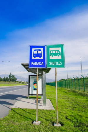 Quito, Ecuador - November 23 2017: Close up of informative sign of bus stop located aside of the street, in the city of Quitoのeditorial素材