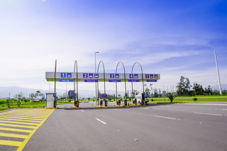 Quito, Ecuador - November 23 2017: Outdoor view of toll at the enter of the Mariscal Sucre...