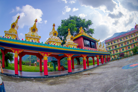 POKHARA, NEPAL - OCTOBER 06 2017: Tibet architecture. Sakya monastery is a pilgrim and tourist destination. Its religious structure is influenced by Mongol style, fish eye effectのeditorial素材