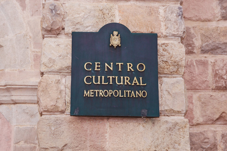 QUITO, ECUADOR NOVEMBER, 28, 2017: Informative sign of metropolitan cultural center at outdoors at historical center of old town Quito in northern Ecuadorのeditorial素材