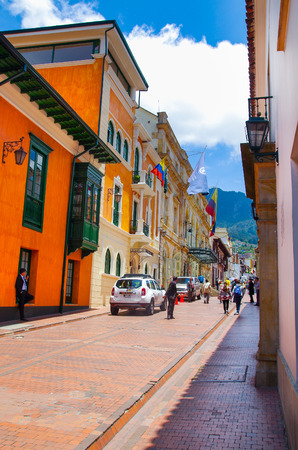 BOGOTA, COLOMBIA OCTOBER 22, 2017: Beautiful outdoor view of the streets of La Candelaria dowtown in Bogotaのeditorial素材