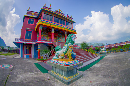 POKHARA, NEPAL - OCTOBER 06 2017: Tibet architecture. Sakya monastery is a pilgrim and tourist destination. Its religious structure is influenced by Mongol style, fish eye effectのeditorial素材