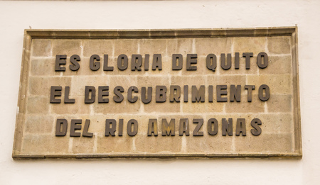 QUITO, ECUADOR NOVEMBER, 28, 2017: Informative sign at outdoors at historical center of old town Quito, Ecuadorのeditorial素材
